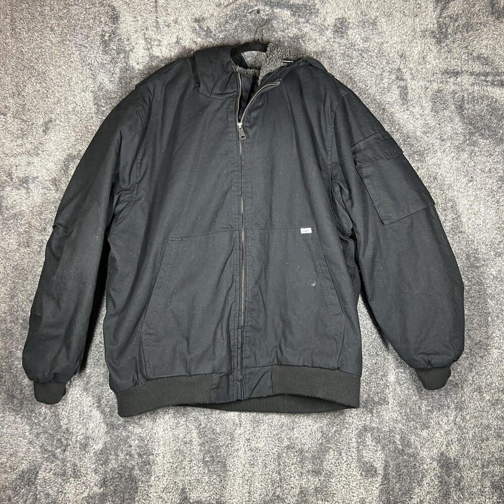 Lee Jacket Mens 2XL Black Bomber Canvas Lined Hooded Pockets Insulated Workwear